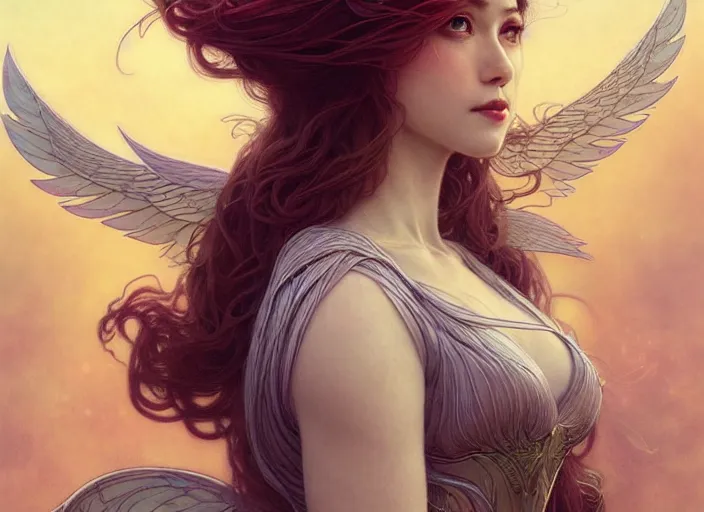 Image similar to portrait of 3 women with flowy hair, wings, confident pose, pixie, genshin impact, intricate, elegant, sharp focus, soft bokeh, illustration, highly detailed, concept art, matte, trending on artstation, bright colors, art by wlop and artgerm and greg rutkowski, mucha, giger, marvel comics