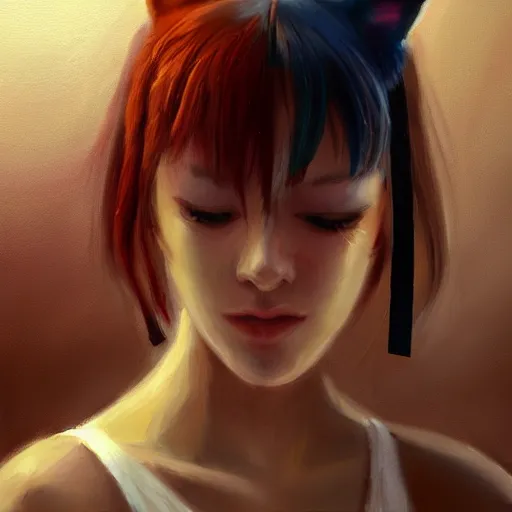 Image similar to Girl with cat ears painting, expressive oil painting, matte art, digital art, trending on artstation, anime style, beautiful lighting, atmospheric, skateboard