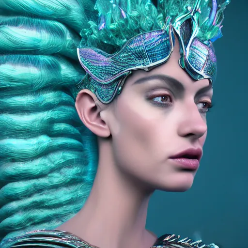 Image similar to unreal engine, octane render, 8 k, sandro botticelli portrait of egyptian sumerian goddess princess intergalactica, nautical siren, lady of elche, queen of heaven, techno mystic goddess, with aqua neon dreadlocks, teal eyebrows encrusted with diamonds, wearing iris van herpen haute couture, star - gate of futurisma,