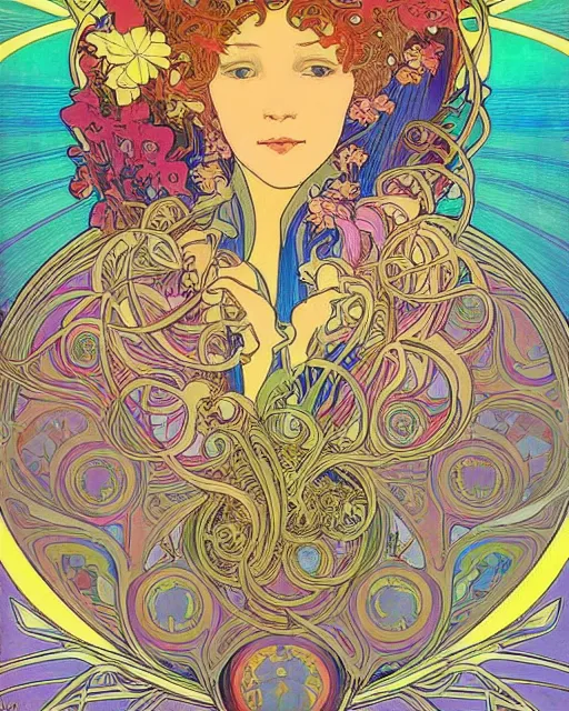 Prompt: psychedelic exotic flowers on a mysterious fantasy planet by Alphonse Mucha, Moebius, hiroshi yoshida, Art Nouveau, colorful, ultradetailed, vivid colour, 3d