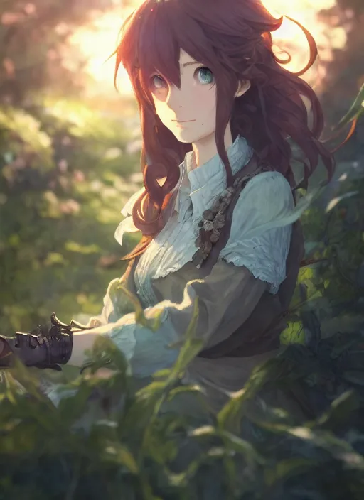 Image similar to a portrait of the emerald herald in the garden, intricate, tone mapped, ambient lighting, highly detailed, digital painting, pixiv, concept art, sharp focus, by makoto shinkai and akihiko yoshida and hidari and wlop