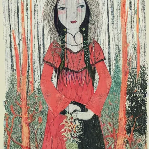 Prompt: In the art installation Vasilisa can be seen standing in the forest, surrounded by animals. She is holding a basket of flowers in one hand and a spindle in the other. Her face is turned towards the viewer, with a gentle expression. In the background, the forest is depicted as a dark and mysterious place. red by Richard Burlet, by Siya Oum decorative