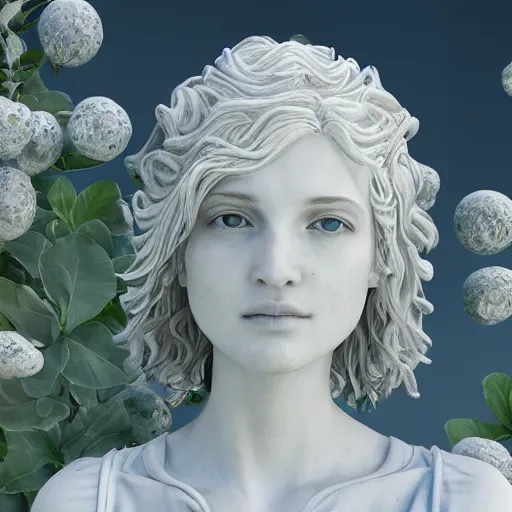 Image similar to an idealistic marble statue with fractal flowery hair in a fractal garden, unreal engine, 8k render, beautiful, full frame,