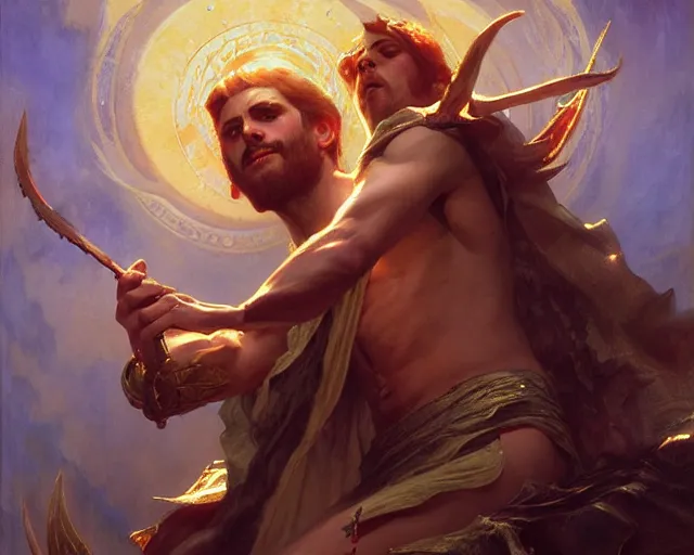 Image similar to attractive male deity, casting demonic magic, summoning handsome lucifer morning star. highly detailed painting by gaston bussiere, craig mullins, j. c. leyendecker 8 k