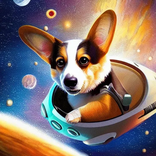 Prompt: corgi in a spaceship among the stars, science fiction, detailed digital illustration, concept art, beautiful, adorable, happy