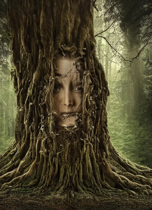 Image similar to photograph of hyperrealistic hyperdetailed ancient tree containing an ancient kind woman face covered with bark and moss, in a dark mysterious dark forest, dramatic mysterious lighting,