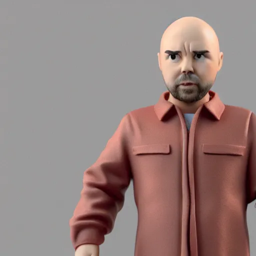 Image similar to Karl Pilkington Action figure, 3d render, product design