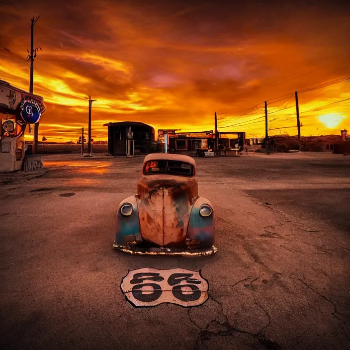 Image similar to a sunset light landscape with historical route 6 6, lots of sparkling details and sun ray ’ s, blinding backlight, smoke, volumetric lighting, colorful, octane, 3 5 mm, abandoned gas station, old rusty pickup - truck, beautiful epic colored reflections, very colorful heavenly, softlight