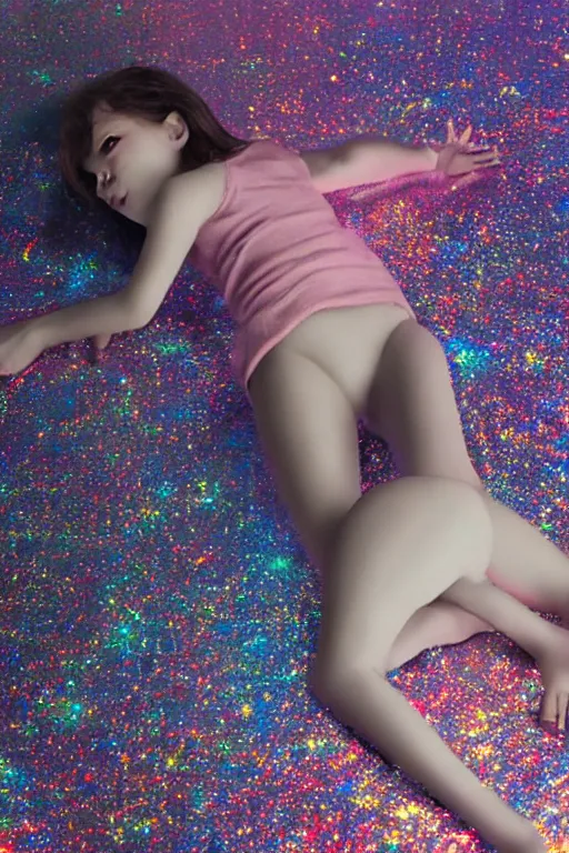 Image similar to hyperrealism close-up young girl lying in a holographic puddle unconscious in a room viewed from above photo by Terry Richardson