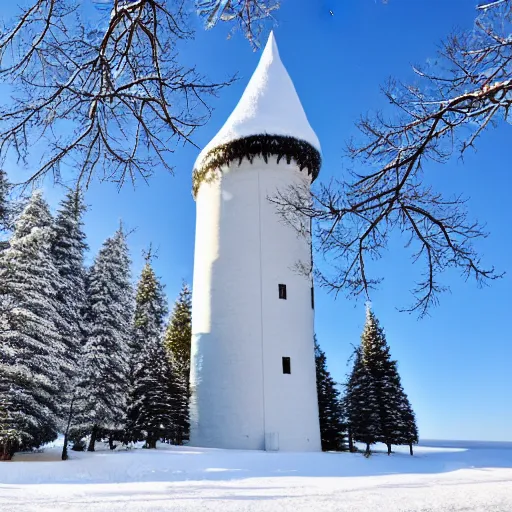 Prompt: Wizard's Tower in the Winter Surrounded by Snow and Trees