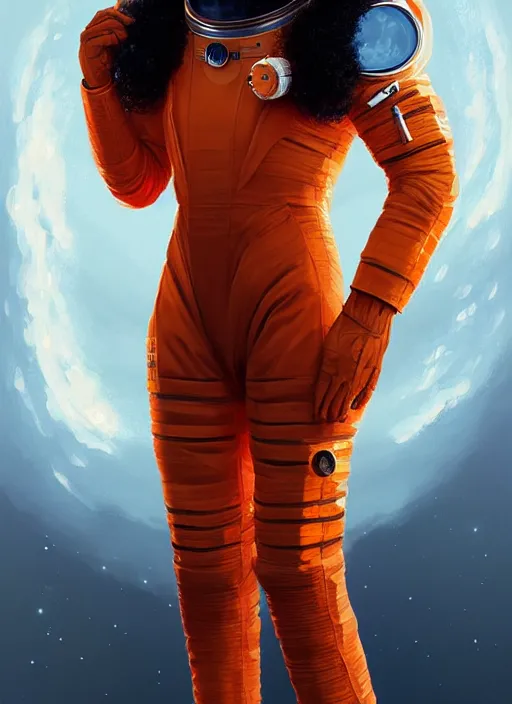 Prompt: full body portrait of young black woman as an astronaut, orange space jumpsuit, intricate, beautiful and elegant, highly detailed, digital painting, artstation, concept art, smooth, sharp focus, illustration, art by wlop, mars ravelo and greg rutkowski