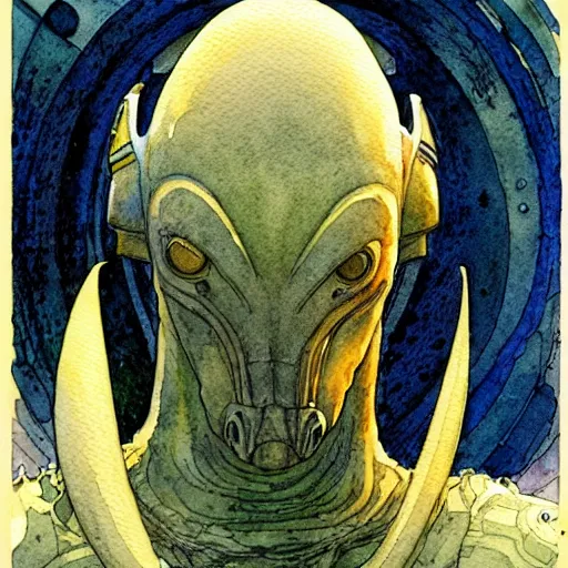 Image similar to a simple and atmospheric watercolour portrait of a pulp sci - fi alien repdiloid, very muted colors, by rebecca guay, michael kaluta, charles vess and jean moebius giraud