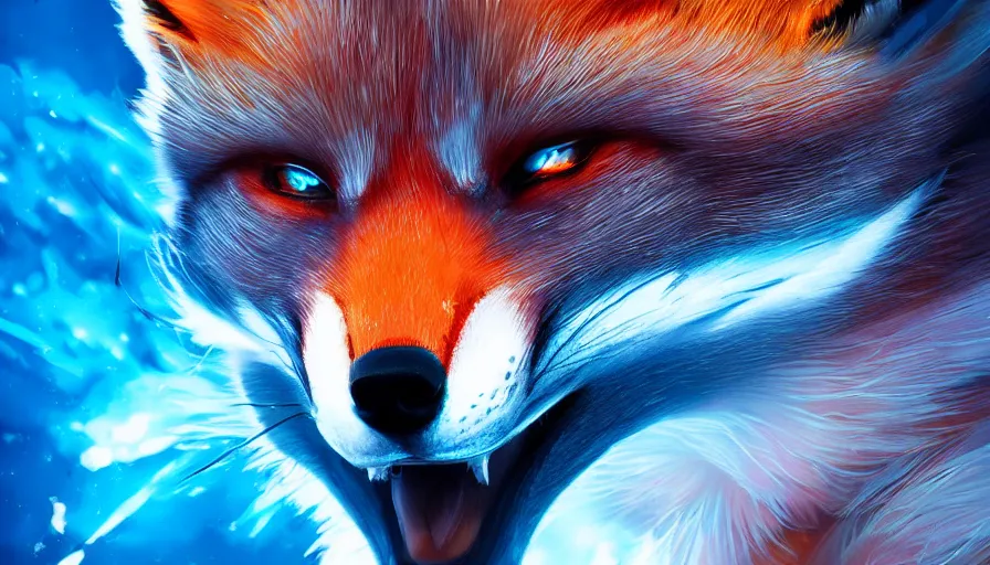 Image similar to burning fox with electric blue eyes, beautiful, esthetic, hyperdetailed, artstation, cgsociety, 8 k