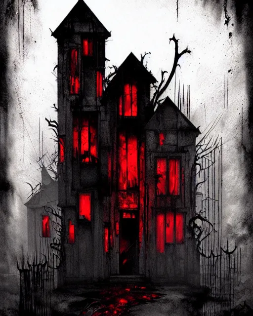 Image similar to disturbing grunge image of a demon infested house. horror colored ink art, by greg tocchini, by tom bagshaw, white red, black, crimson and grey gradient color scheme