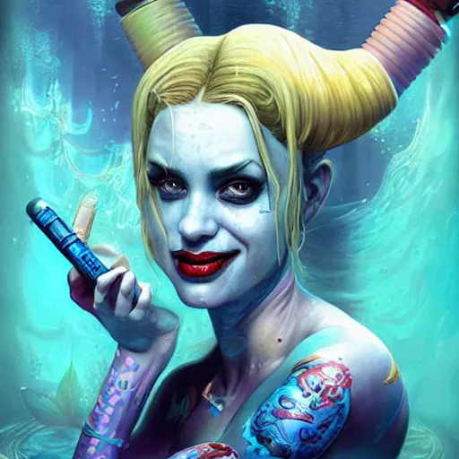 Prompt: underwater biopunk portrait of harley quinn, Pixar style, by Tristan Eaton Stanley Artgerm and Tom Bagshaw.