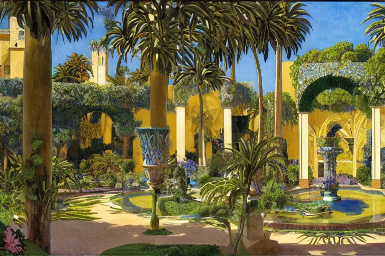 Image similar to painting of a beautiful moorish palace courtyard garden, by maxfield parrish and evelyn de morgan and waterhouse and dante rossetti, patterned tilework, palm trees, tiled fountains, sun and shade, extremely detailed, dramatic cinematic lighting, smooth sharp focus, featured on artstation