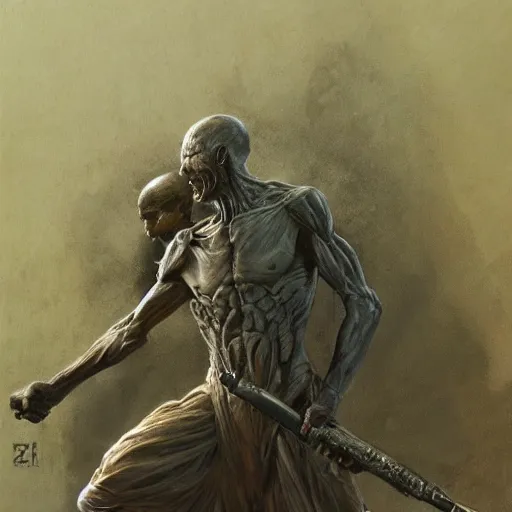 Image similar to Ghandi the military super solider screaming in agony dark fantasy, intricate, smooth, artstation, painted by Wayne Barlowe, zdislav beksinski