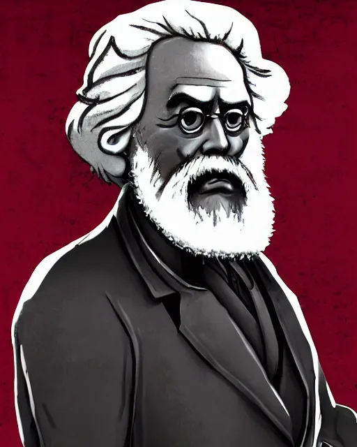 Image similar to Digital communist anime art of Karl Marx by A-1 studios, serious expression, empty warehouse background, highly detailed, spotlight