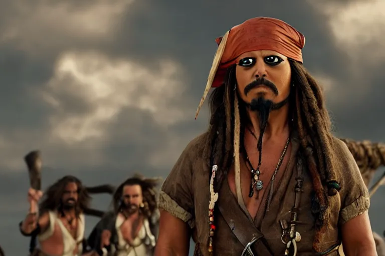 Image similar to promotional image of Homer Simpson as Captain Jack Sparrow in the new Pirates of the Carribean movie, realistic, detailed face, movie still frame, promotional image, imax 70 mm footage