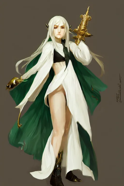 Prompt: Pretty Female cleric, white robes, black short pants, golden accents, green eyes, extremely detailed face!, young, 2 arms and 2 legs!, looking frontal view, high fantasy, by Albert Aublet, Krenz Cushart, WLOP, Sakimichan