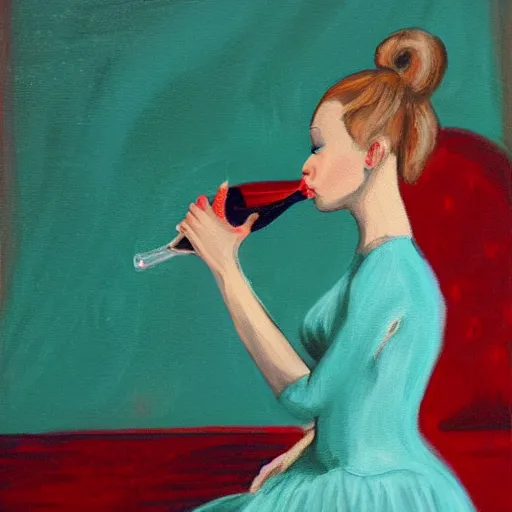 Image similar to painting of a ballerina drinking wine in a teal room, red background