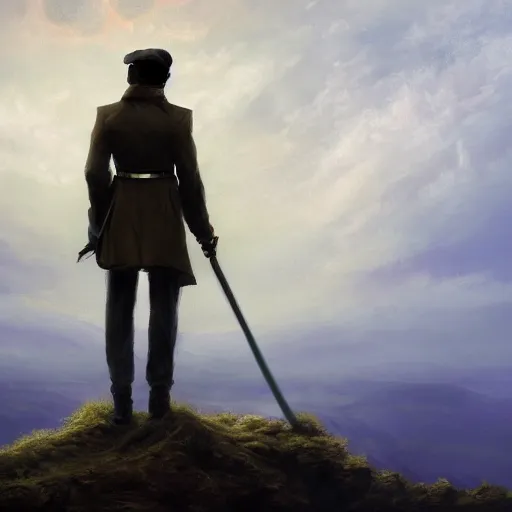 Image similar to dark-skinned man standing tall on a cliff fog clouds clothed in military uniform holding sword in the style of CASPAR DAVID FRIEDRICH techno atmosphere colourful beautiful image, brush strokes, pastel, artstation deviantart acrylic