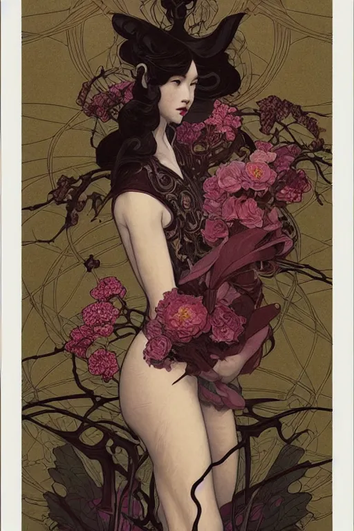 Image similar to full length portrait of a beautiful mysterious chinese humanoid holding bouquet of flowers by eve ventrue, michael carson, andreas rochas, john watkiss, casey weldon, artgerm. art nouveau. tarot card by mucha. gloomhaven. swirly intricate linework background. gaudy colors, sharp edges. octane render