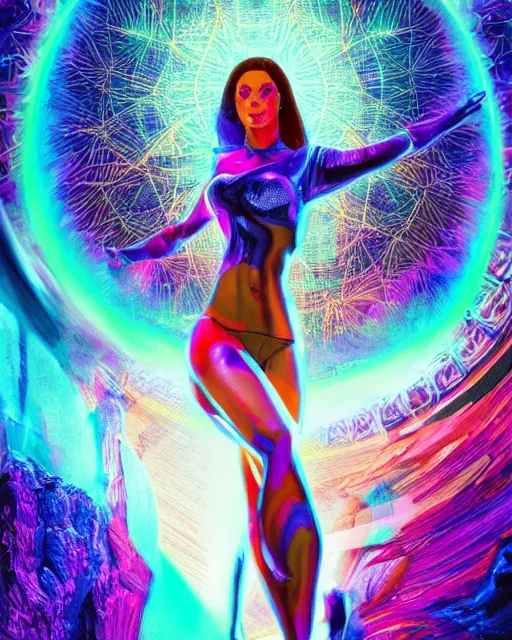 Prompt: a powerful energy psychedelic matrix latin woman, by alexander fedosav, hyper detailed digital matte painting, concept art, hyperrealism, 1 6 k resolution, cinema 4 d, 8 k resolution, trending on artstation, behance hd, a masterpiece, by stephan martiniere, particles, cel - shaded, power bright neon energy, by david a. hardy