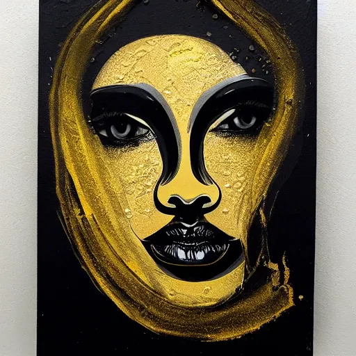 Image similar to liquid marble acrylic fluid paint, black ink, golden and black liquid materials, abstract art, beautiful female face