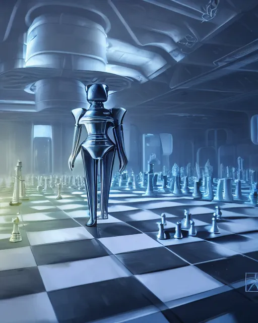 Image similar to chessboard scientist, scifi, ( ( abstract environment ) ), wise android, detailed, ethereal armor, flying drones, futuristic palace, perfect, cold light, 8 k high detail, masterpiece, trending on artstation