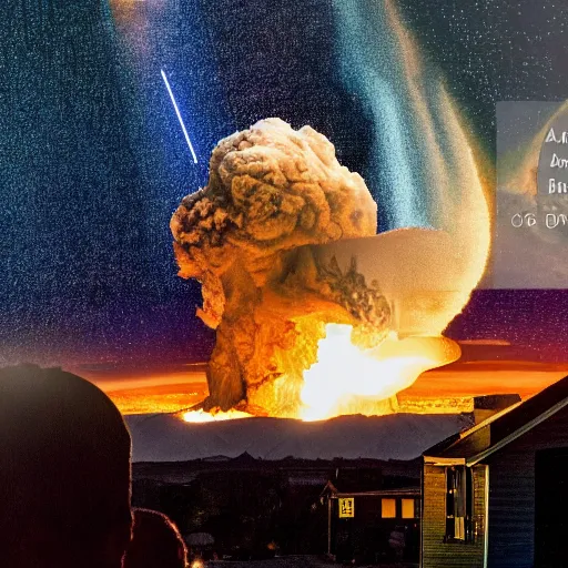 Image similar to incoming debris cloud, nuclear explosion. A family on their front porch watching the explosive impact of a meteorite into the distant mountains. Comet, Meteor, apocalypse, shockwave, total and absolute destruction