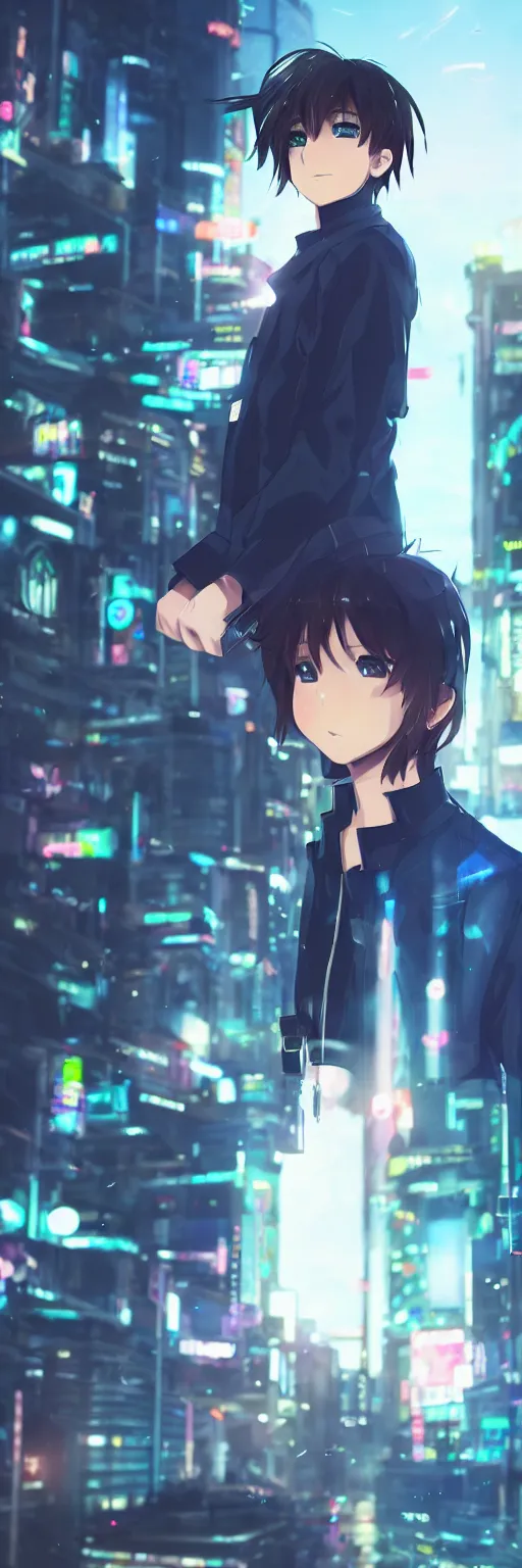 Prompt: a beautiful portrait of a cute anime boy in cyberpunk city. volumetric lighting, subsurface scattering, hyperrealistic, render, hyperdetailed