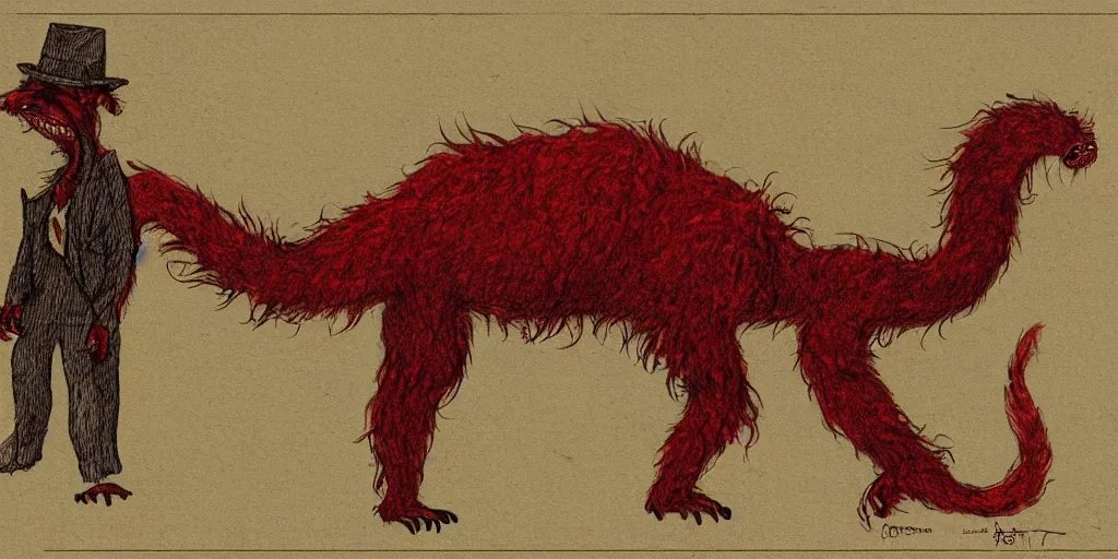 Image similar to a red hairy monster cryptid in Detroit Michigan in 1883 in the style of Ben Templesmith