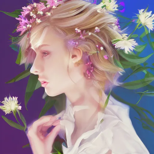 Prompt: blonde haired woman wearing white dress surrounded by flowers of many colors, sunlight beams, drawn by WLOP, trending on artstation, ultra detailed, 8K,