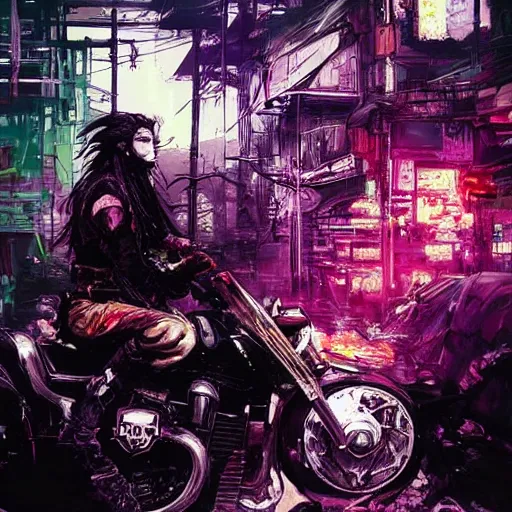 Image similar to portrait painting of a street samurai with long purple hair riding a motorcycle through a burning cyberpunk slum, glitch, concept art, intricate details, eerie, highly detailed, art by tsutomu nihei