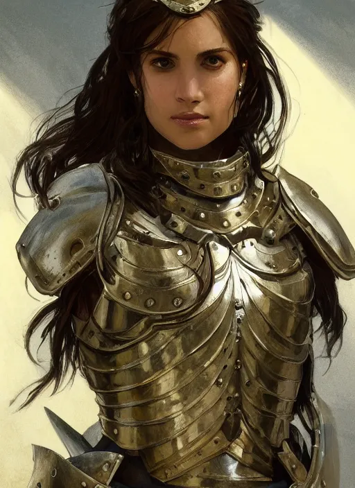 Prompt: medium - length portrait of a female paladin wreathed in holy light with short curly hair and brown eyes, dark brown skin, happy expression, wears a combination of plate armor and boiled leather, dramatic pose, medieval setting, highly detailed, digital painting, artstation, concept art, sharp focus, illustration, art by greg rutkowski and alphonse mucha