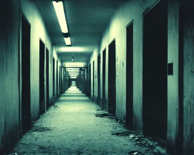 Prompt: dark abandoned hallway at night, a glimspe of something sinister, letterboxing, widescreen, 40mm tape, technicolour film, grainy, horror