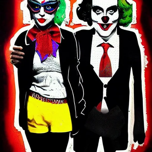 Image similar to mimmo rottela and banksy as joaquin phoenix skinny joker holding hand lady gaga harley queen, ultra photorealistic, intricate details, pop art style, concept art, 3 colors, 4 d, smooth, sharp focus