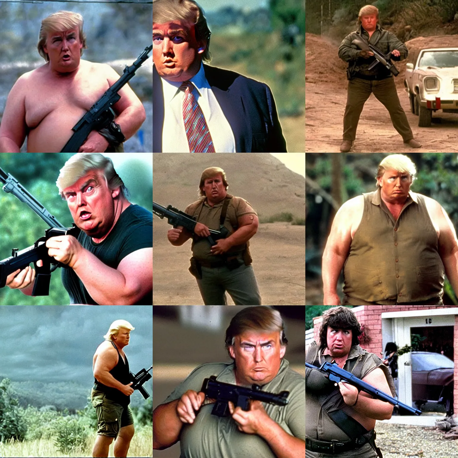 Prompt: chubby trump in rambo movie holding machine gun