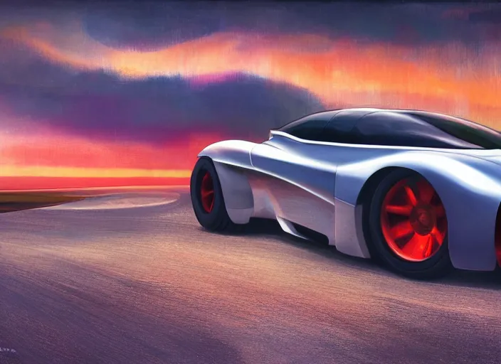 Image similar to cinematic fast futuristic sportscar in a lush field, shiny, oil on canvas, beautiful lighting, photorealistic, sharp, sunset, by scott robertson