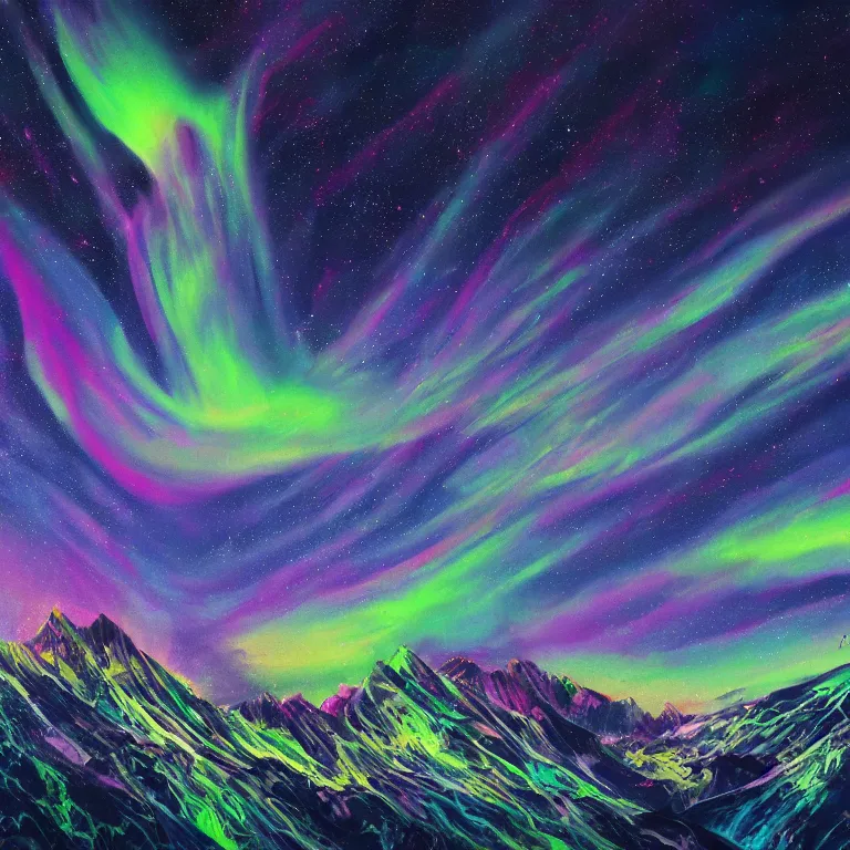 Image similar to a beautiful artistic painting of mountain line in outer space, mountain label, northern lights in methocosmos or outer space, almost like in the sky or all in the amazing outdoors view, long exposure, 8 k resolution, trending on artstation