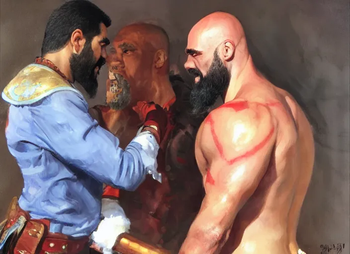 Image similar to a highly detailed beautiful portrait of kratos with nicolas maduro, by gregory manchess, james gurney, james jean