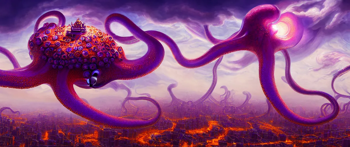 Image similar to hyperrealistic hyper-ornate bio-morphic sky city on giant orange and purple cyborg octopus puffy clouds matte painting concept art salvador dali alex grey cinematic soft glow lighting high angle hd 8k sharp shallow depth of field