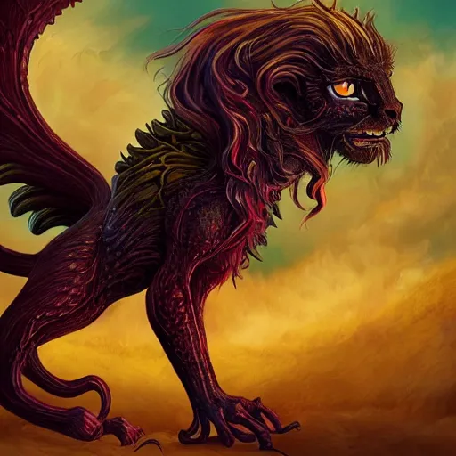 Prompt: manticore, gothic art, popping color, detailed, eerie, emotional, gothic, angry, highly detailed, incredibly sharp focus, Artstation, deviantart, artgem, insane detail, intense color, vibrant cartoon art, award-winning art, super precise detail, golden ratio, in the style of Pixar and Disney