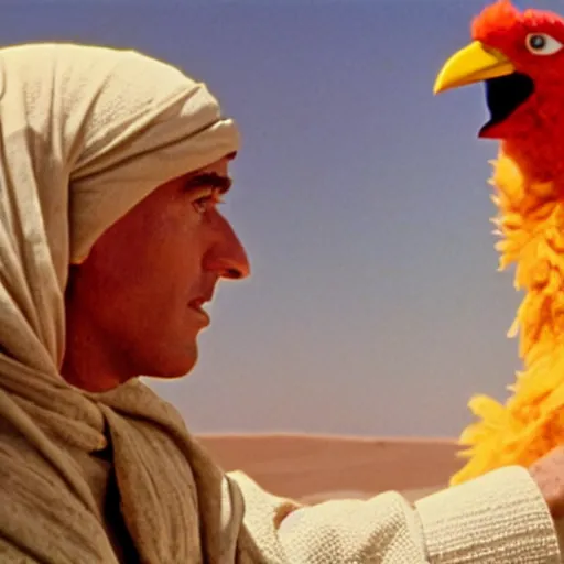 Image similar to a film still of big bird in lawrence of arabia ( 1 9 6 2 ) technicolor