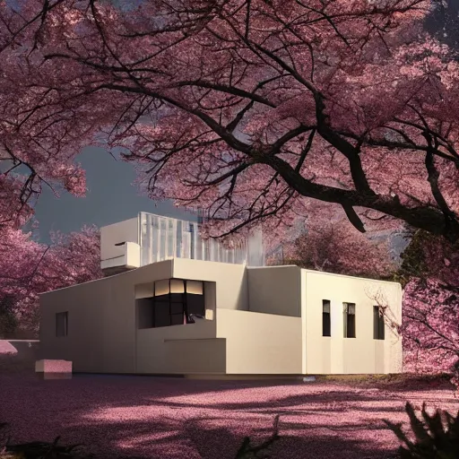 Image similar to futuristic rectangular beige house with courtyard, on a hill surrounded by big sakura trees, dramatic lighting, artstation, matte painting, raphael lacoste, simon stalenhag, frank lloyd wright, zaha hadid, drone view