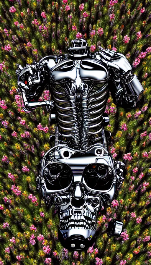 Image similar to destroyed terminator lying in a field of flowers, twisted metal, chrome, reflections, anthropomorphic, photorealism, smoke, metal, 8 k, surreal, wires, smooth, sharp focus, top view, extremely detailed, hyperrealism, elegant, establishing shot, by jeff koons, artgerm and greg rutkowski