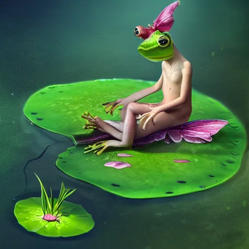 Image similar to a frog fairy on a lily pad, concept render, portrait, magical, alexander jansson, artstation