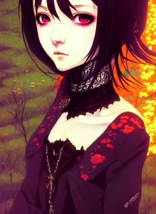 Image similar to portrait of beautiful young gothic anime maiden, cute-fine-face, pretty face, realistic shaded Perfect face, fine details. Anime, cyberpunk, Warhammer, highly detailed, artstation, illustration, art by Ilya Kuvshinov and Gustav Klimt