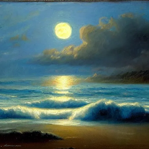 Prompt: a matte painting of the ocean at night with a full moon, an oil painting by Laurits Tuxen, deviantart, impressionism, deviantart